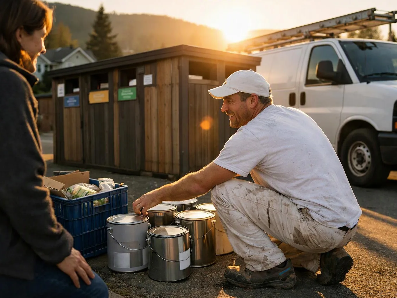 A man in paint-splattered clothes crouches by food cans and a crate beside a white van at sunset