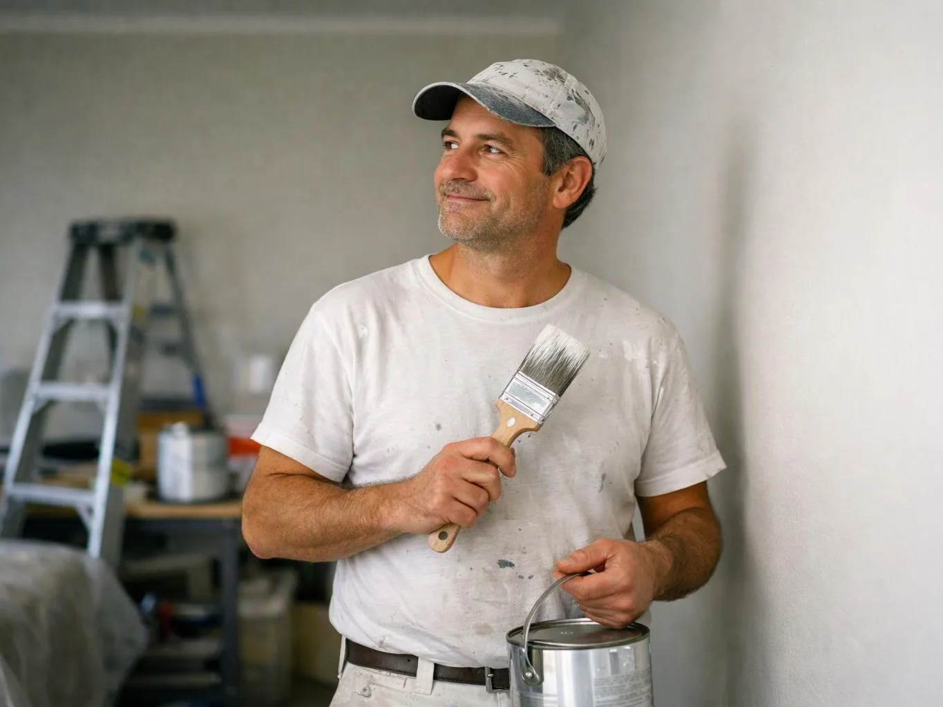 A man in a paint-splattered shirt holds a brush and paint can inside a room under renovation