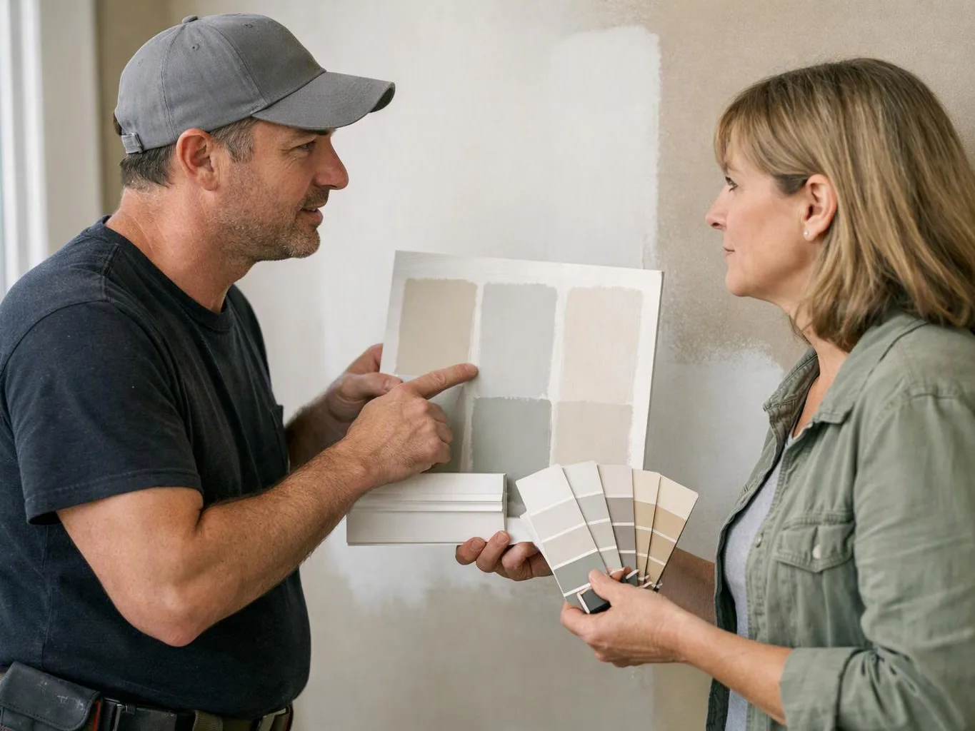 A man points to paint swatches while a woman holds color samples beside a partially painted wall