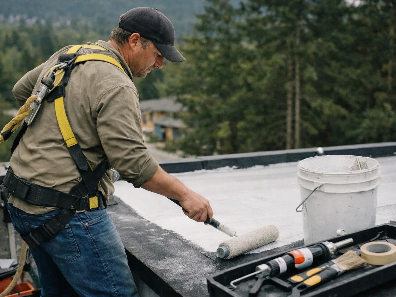 A man in safety gear rolls white coating on a flat rooftop beside a bucket and tools