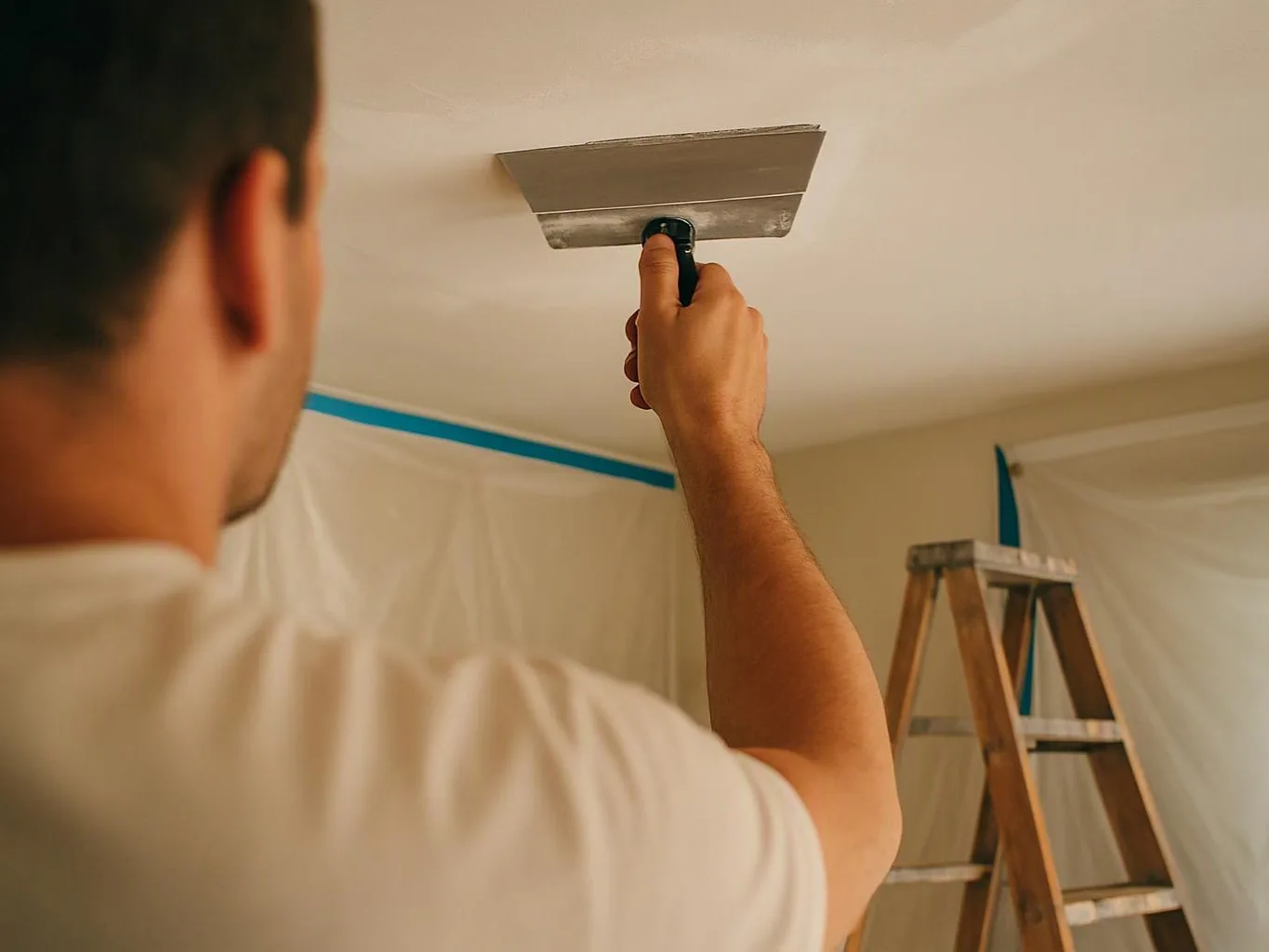 A man scrapes a ceiling with a putty knife while standing near a ladder in a masked room