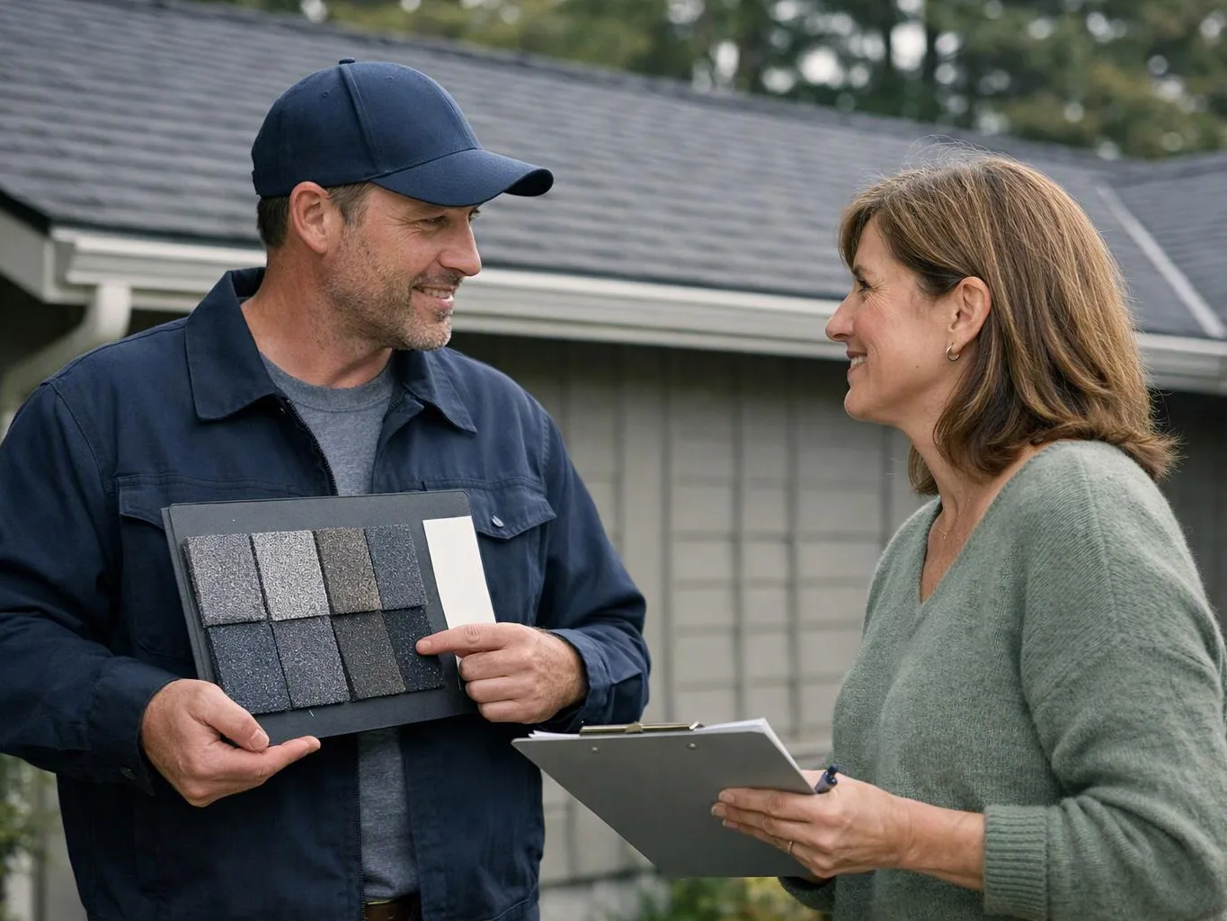 A man shows roof shingle samples to a woman holding a clipboard outside a house