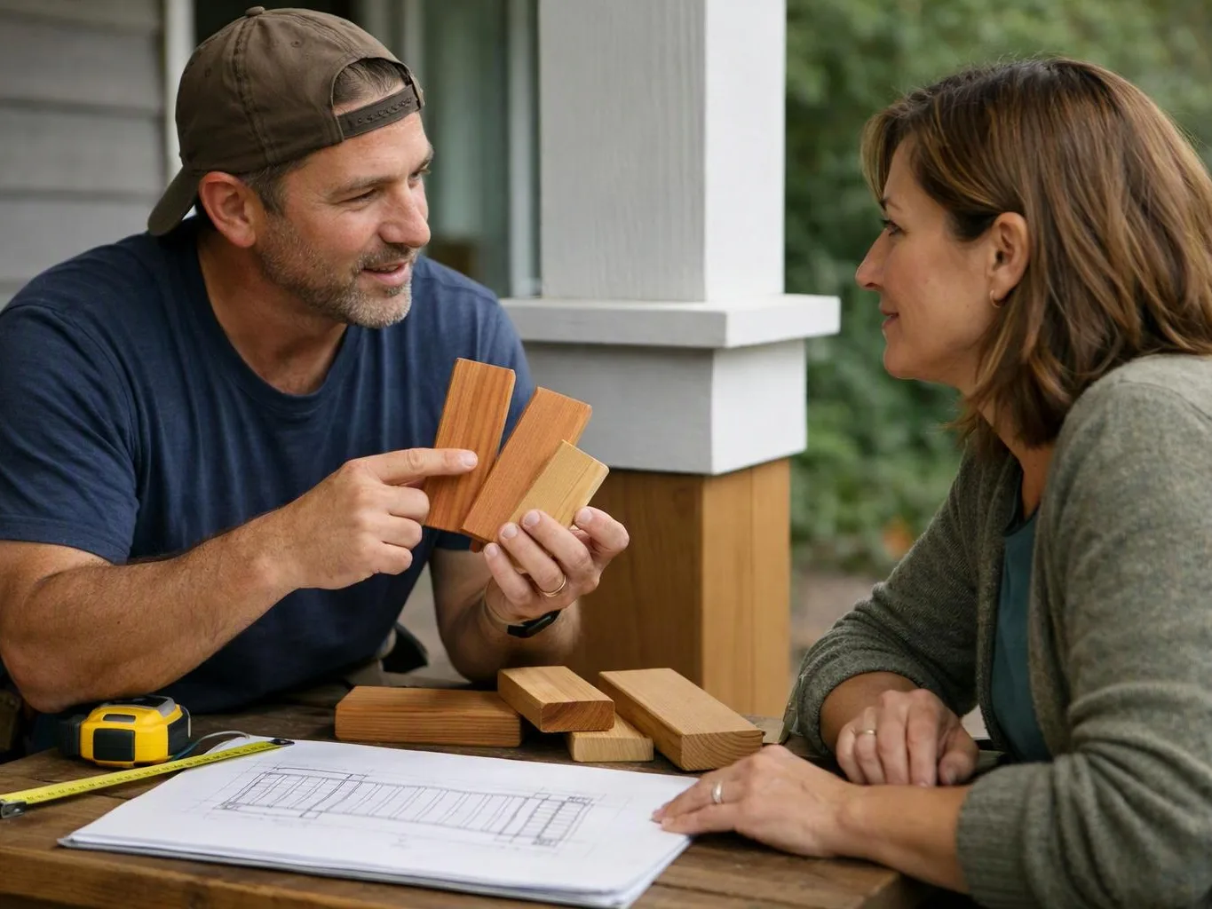 A man shows wood samples and plans to a woman at a table on a porch