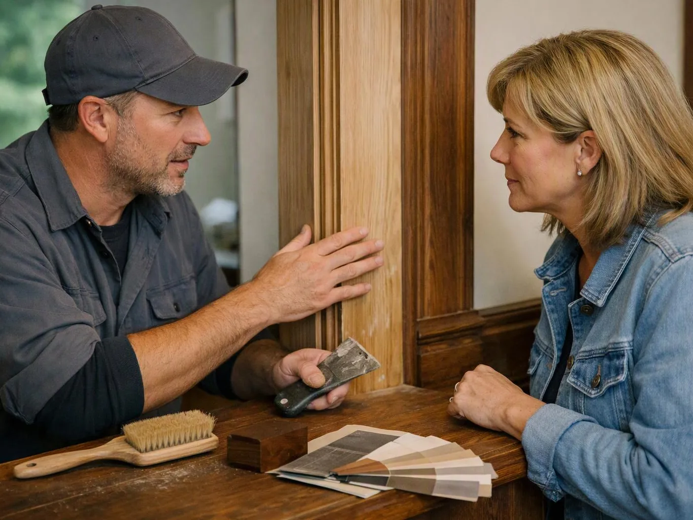 A man shows wood samples and a putty knife to a woman across a wooden counter indoors
