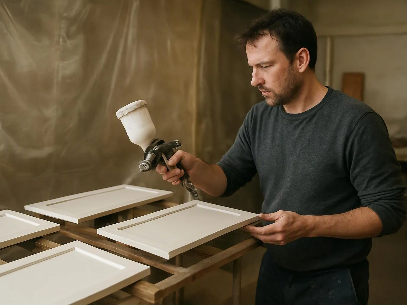 A man sprays white cabinet doors in a workshop with plastic sheeting behind him