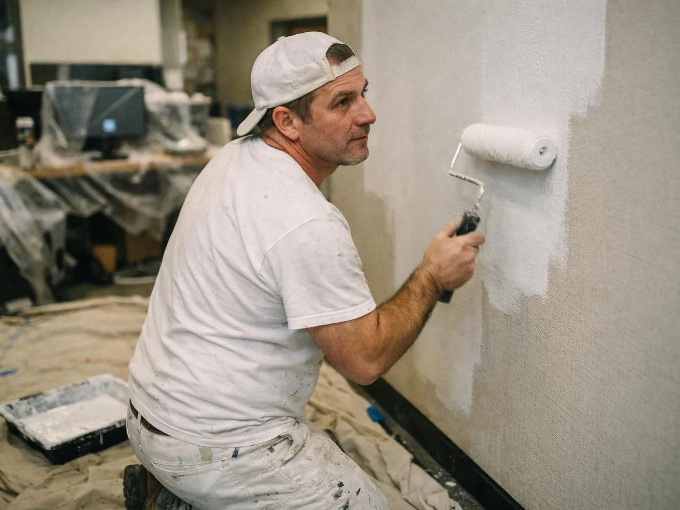 A man in a white cap paints a wall with a roller in a room under renovation