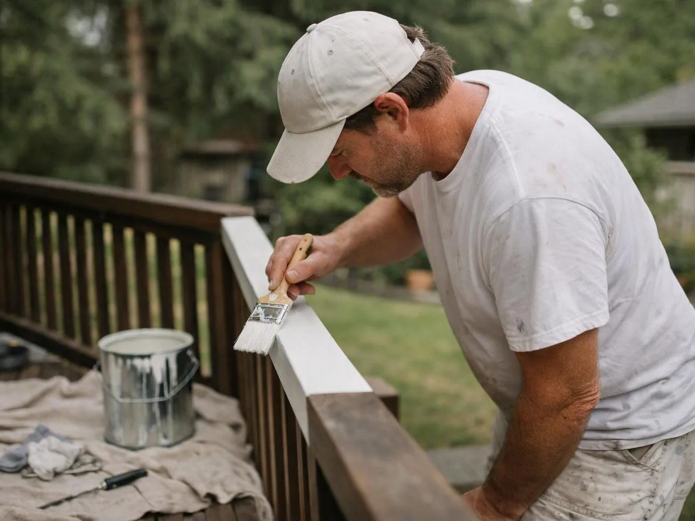 A man in a white cap paints a wooden deck railing outdoors with a brush