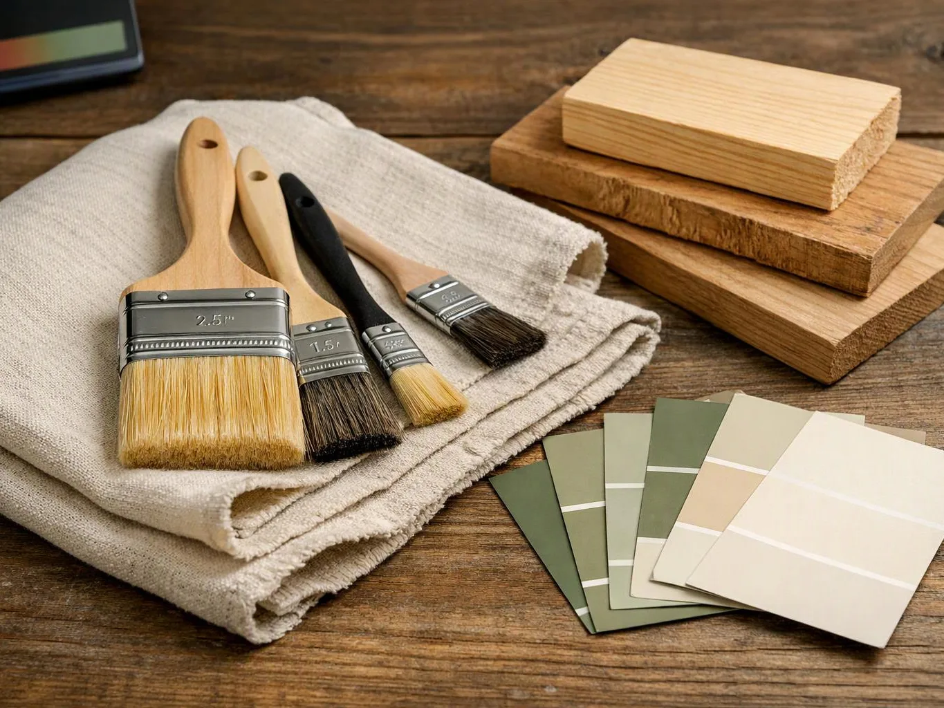 Paint brushes, folded cloth, wood samples, and paint color swatches sit on a wooden table