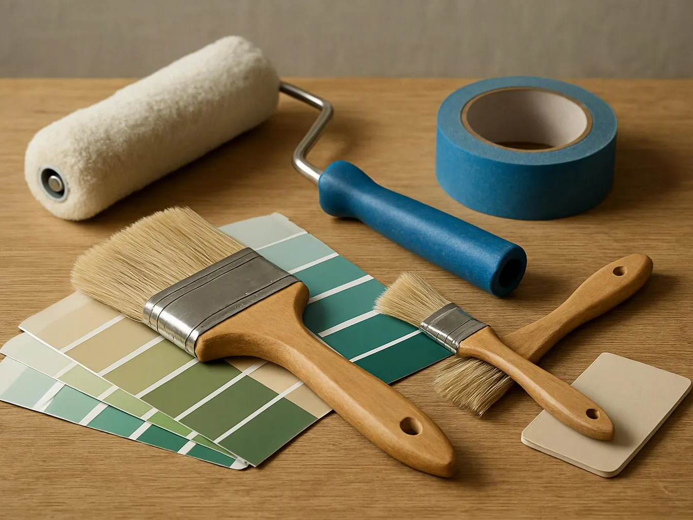 Paint brushes, a paint roller, blue tape, and color swatches lie on a wooden table