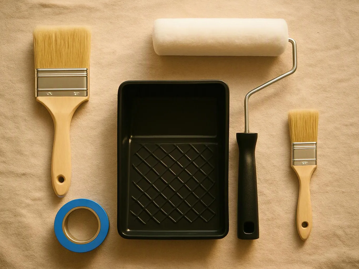 Paint brushes, a paint roller, a tray, and blue tape lie neatly arranged on a beige surface