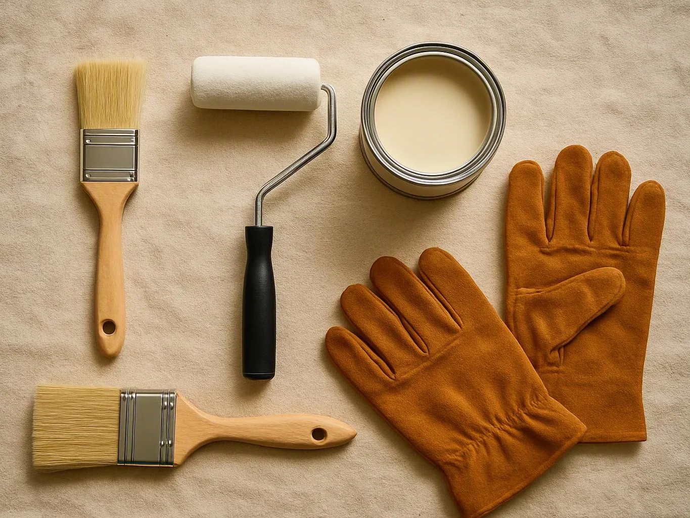 Paint brushes, a roller, an open paint can, and work gloves lie on a beige cloth surface
