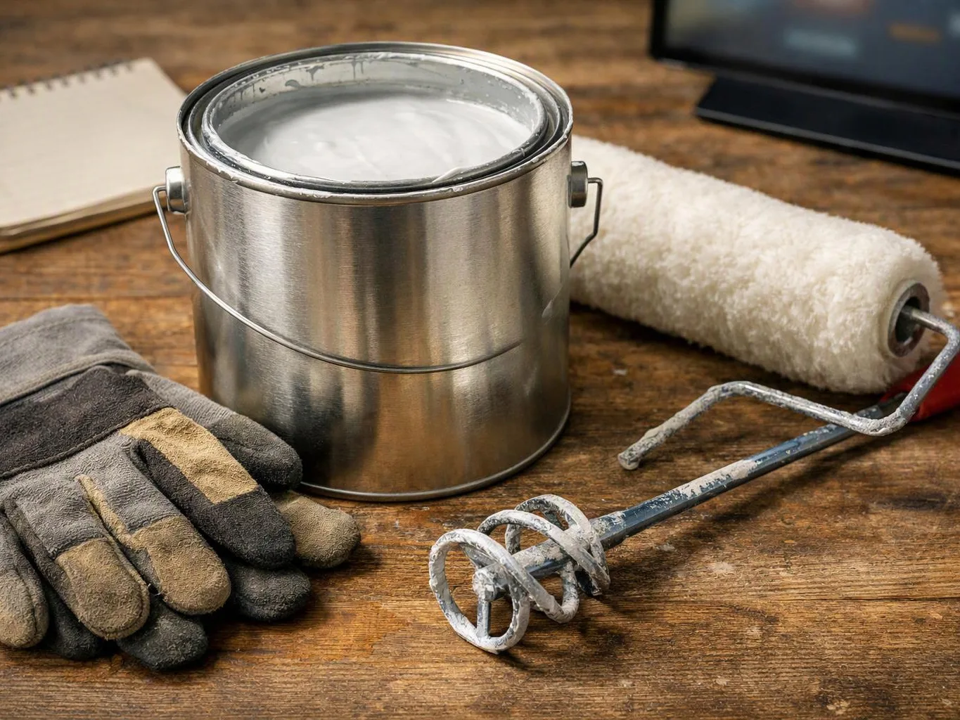 A paint can, roller, gloves, and mixing tools sit on a wooden workbench