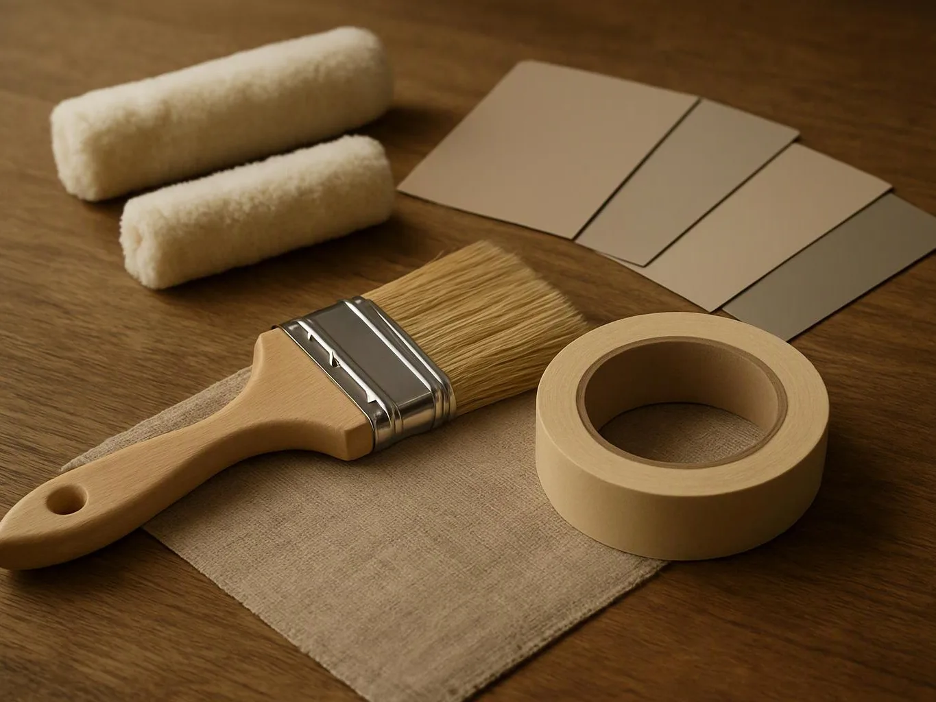 Paint samples, tape, a brush, and two foam rollers rest on a wooden tabletop