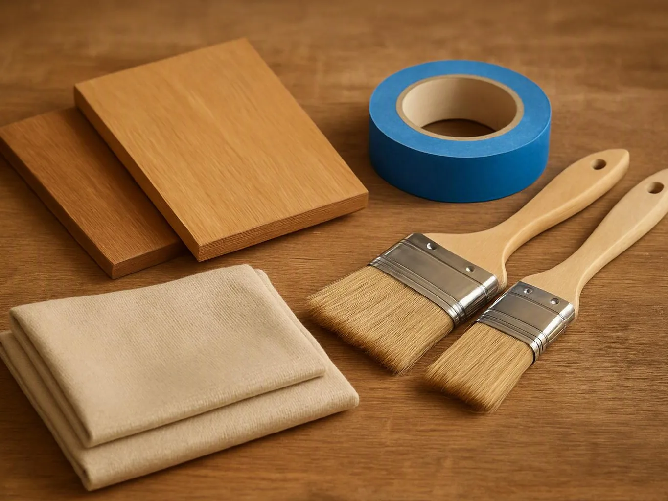 Paint supplies, two brushes, masking tape, folded cloths, and wood sample boards arranged on a wooden surface