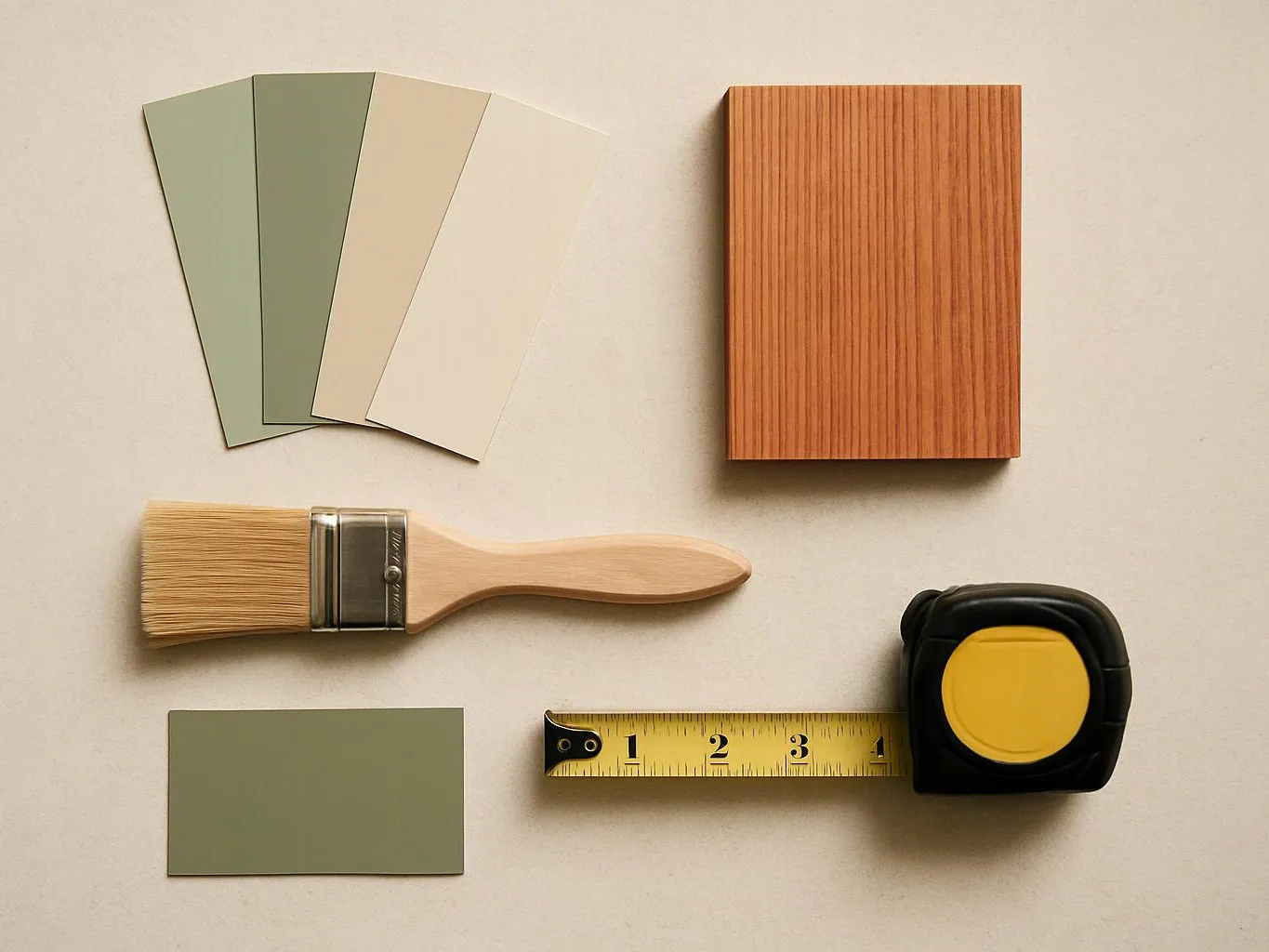 Paint swatches, a wood sample, a paintbrush, and a tape measure sit neatly on a light tabletop