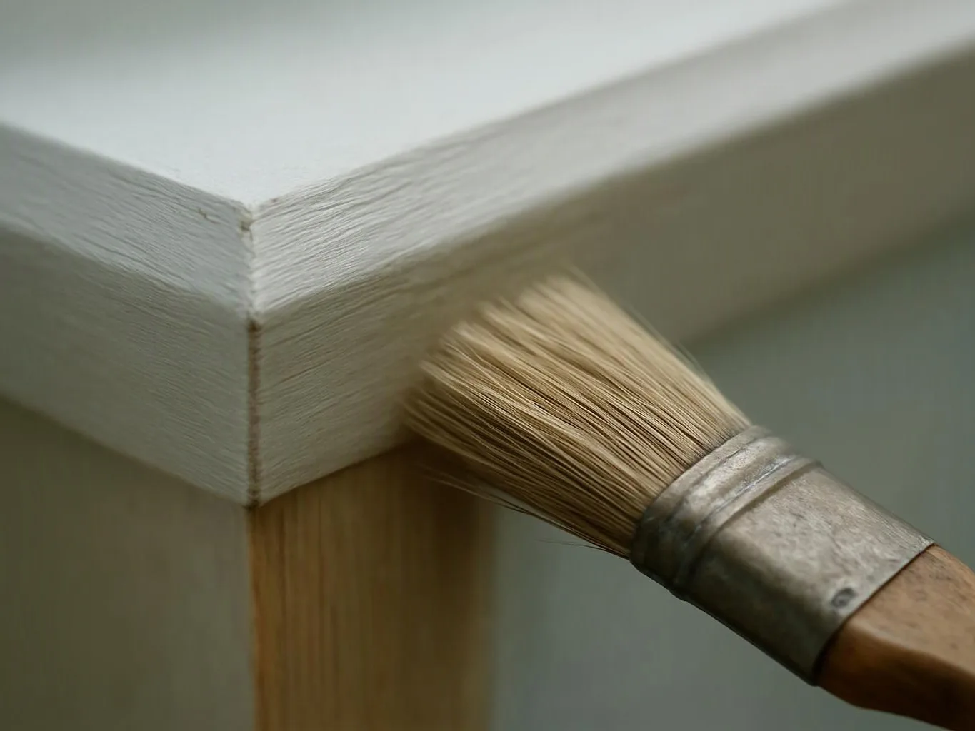 A paintbrush applies white paint to the corner of a wooden surface