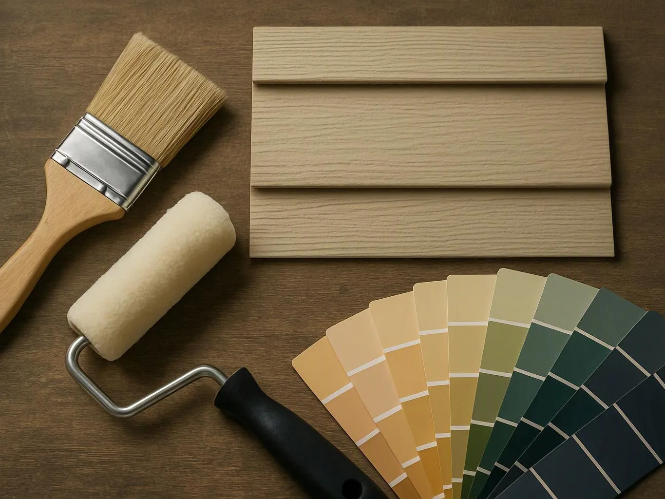 A paintbrush, roller, wood sample, and color swatches rest on a brown tabletop