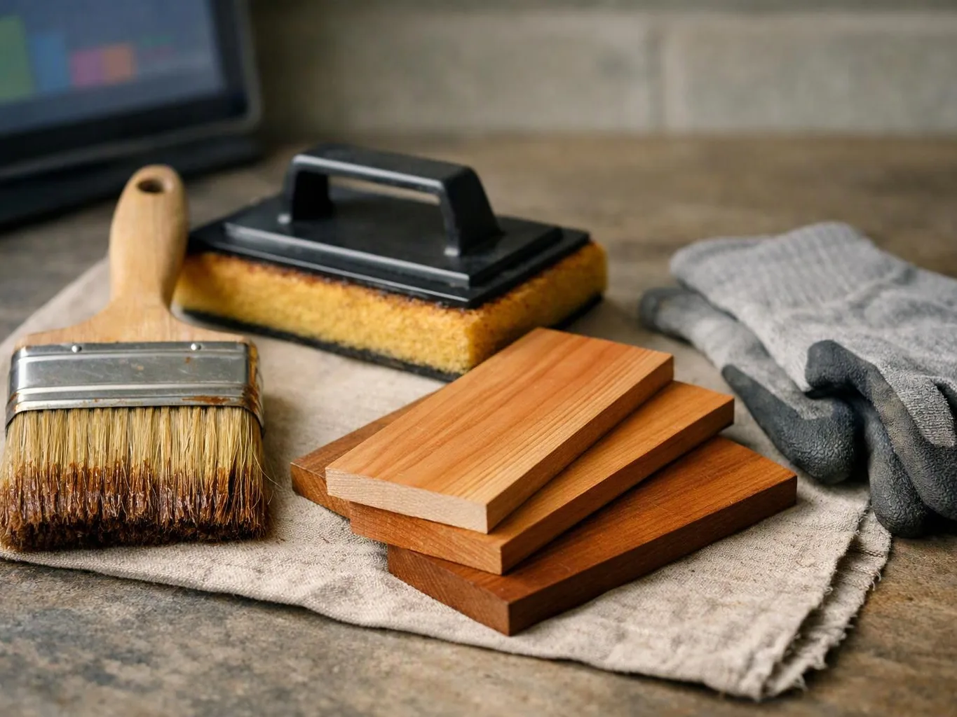 A paintbrush, scrub brush, stacked wood samples, and gloves rest on a cloth over a work surface