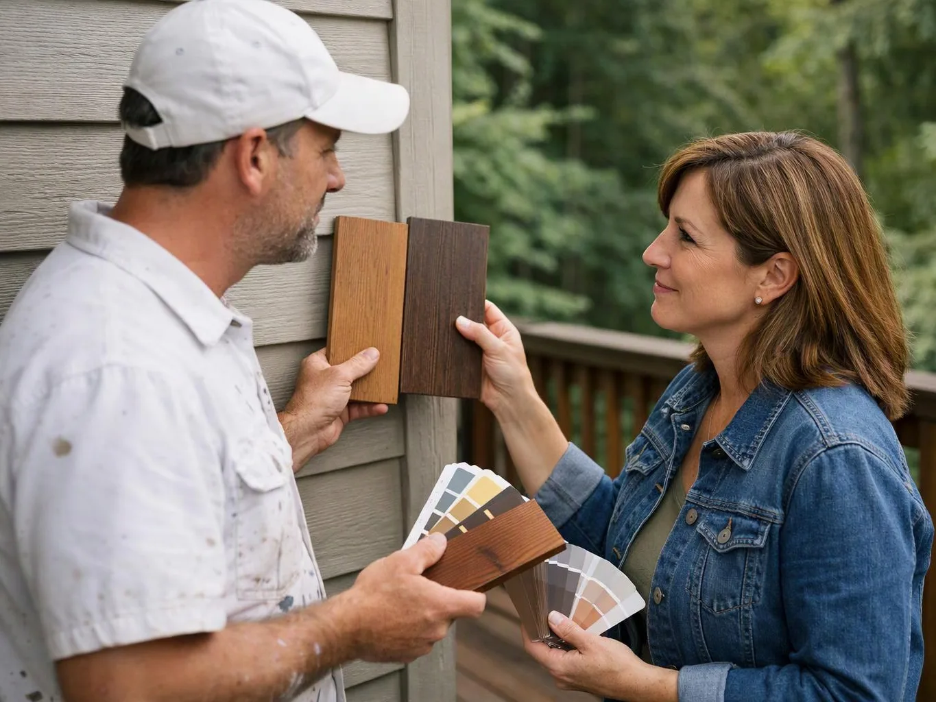A painter shows wood stain samples to a woman beside a house deck outdoors