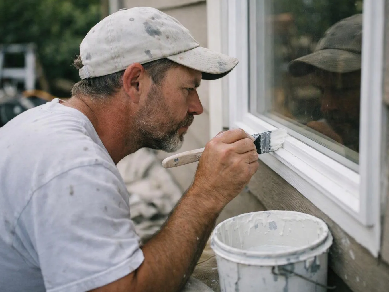 A painter in a white cap brushes white paint along a window frame beside a bucket