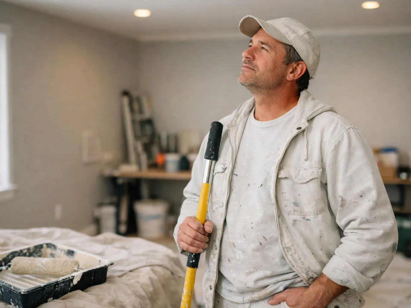 A painter in white clothes holds a paint roller and looks up inside a room under renovation