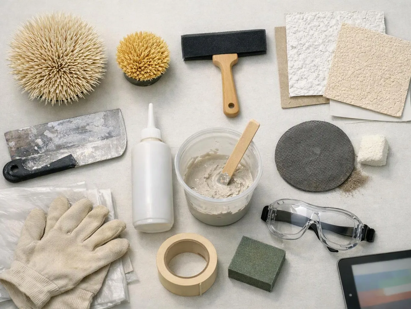 Painting and plaster tools arranged on a work surface, including gloves, brushes, safety goggles, a scraper, sandpaper