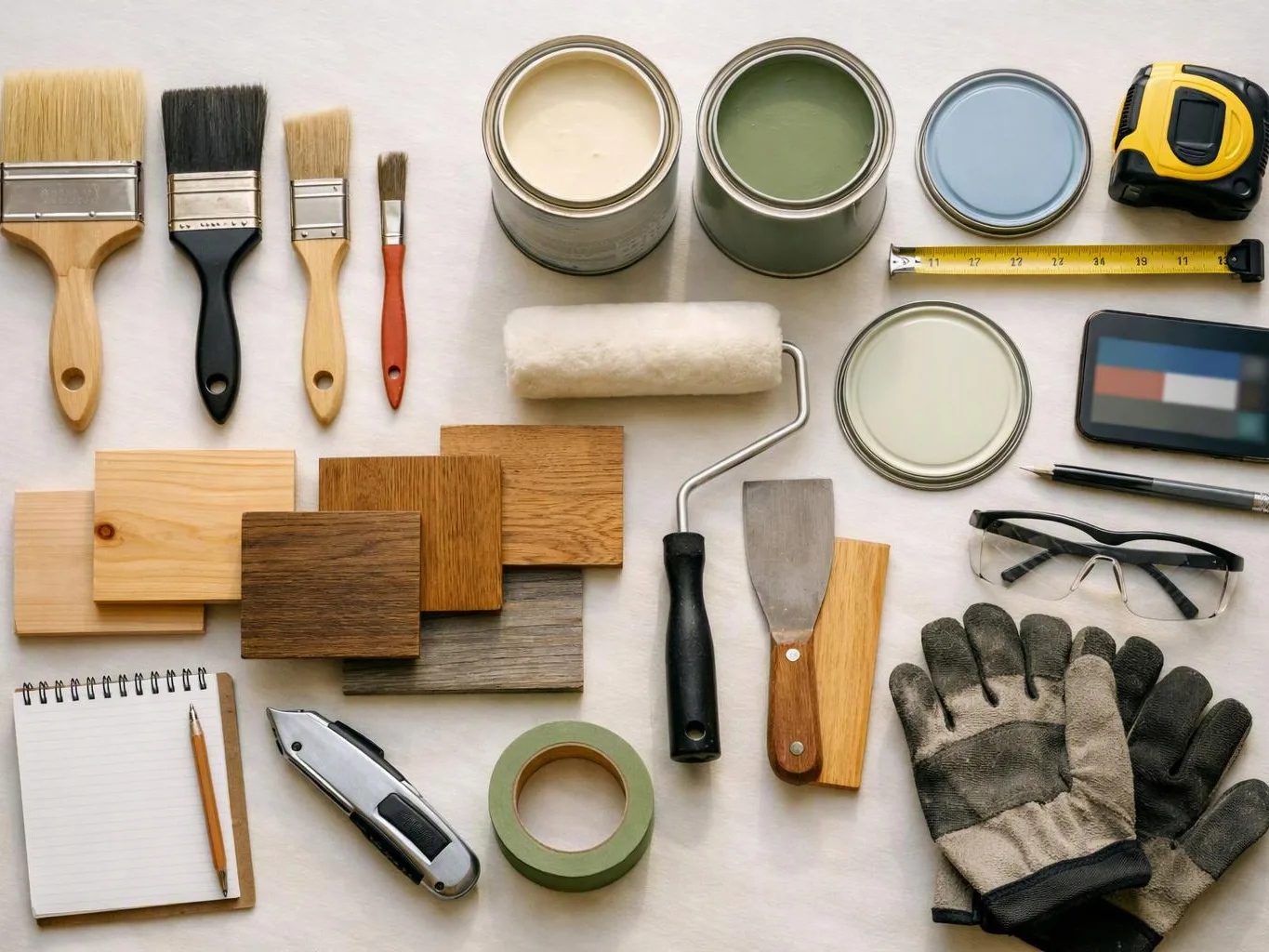 Painting and renovation tools, wood samples, tape, gloves, glasses, and notebooks are neatly arranged on a light surface