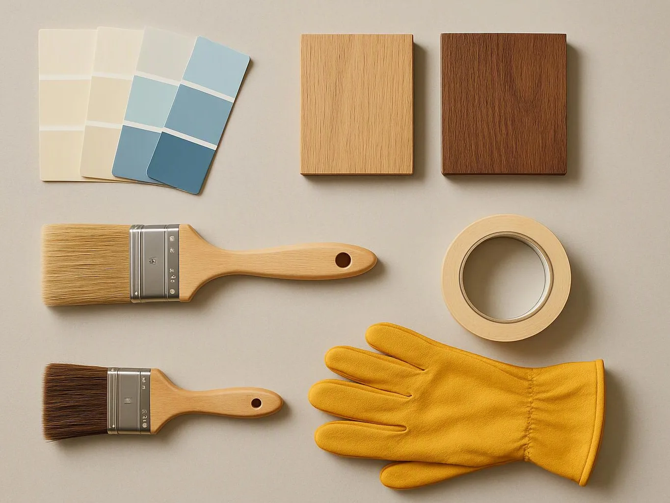 Painting tools and color samples are arranged neatly on a neutral tabletop
