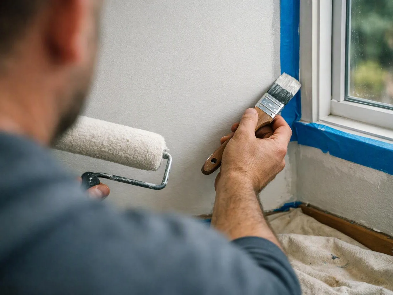 A person paints a wall beside a window, using a roller and brush with blue tape masking the trim