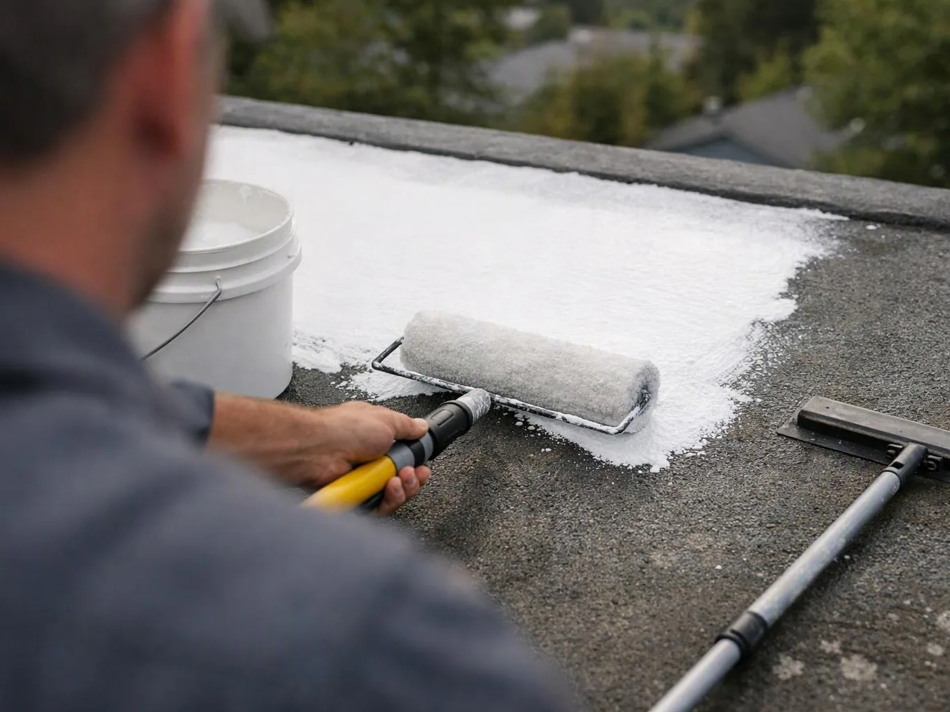 A person rolls white coating onto a rooftop beside a bucket and extension pole