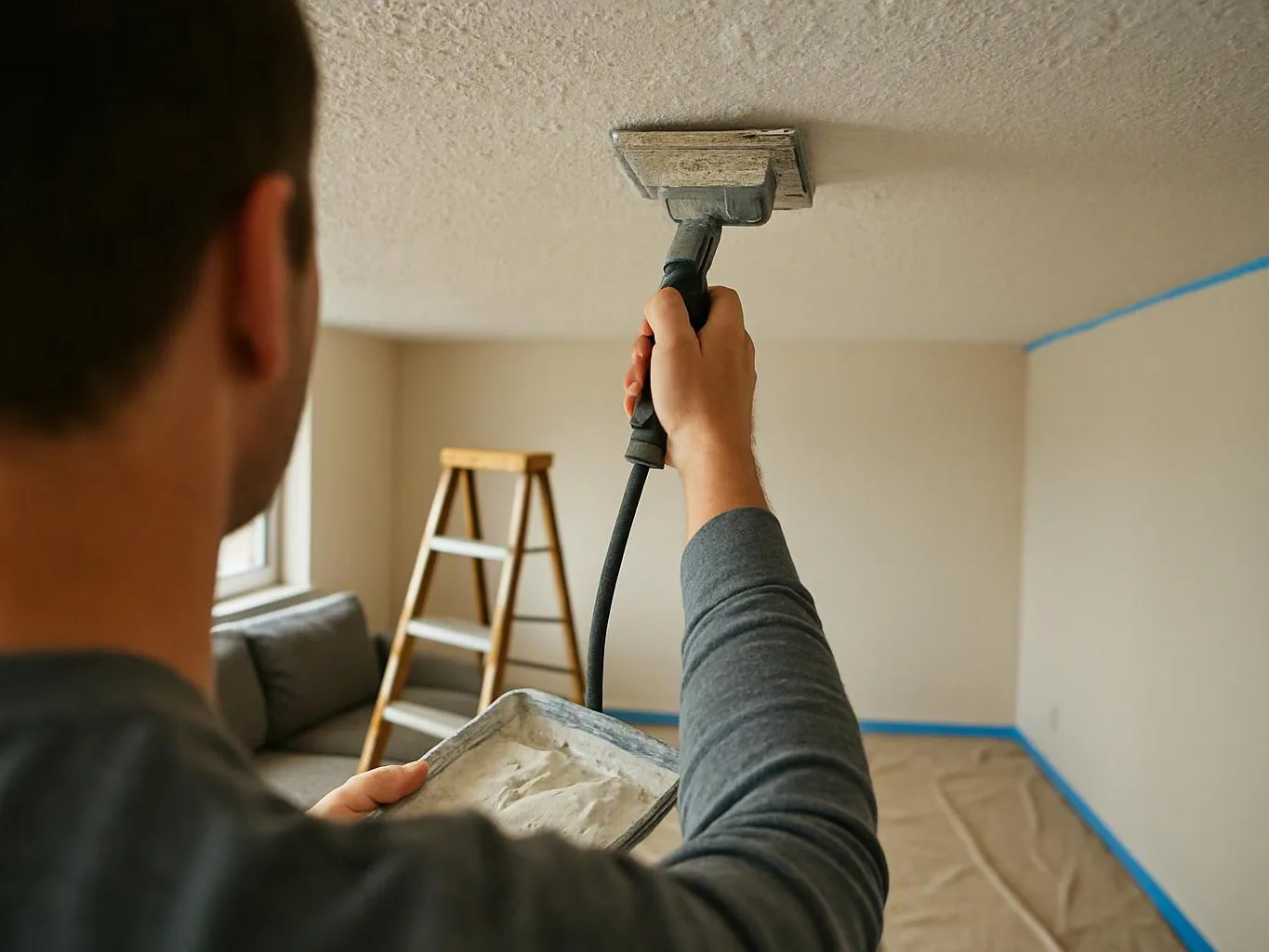 A person sands a ceiling indoors while holding a dust pan, with a ladder and taped walls behind him