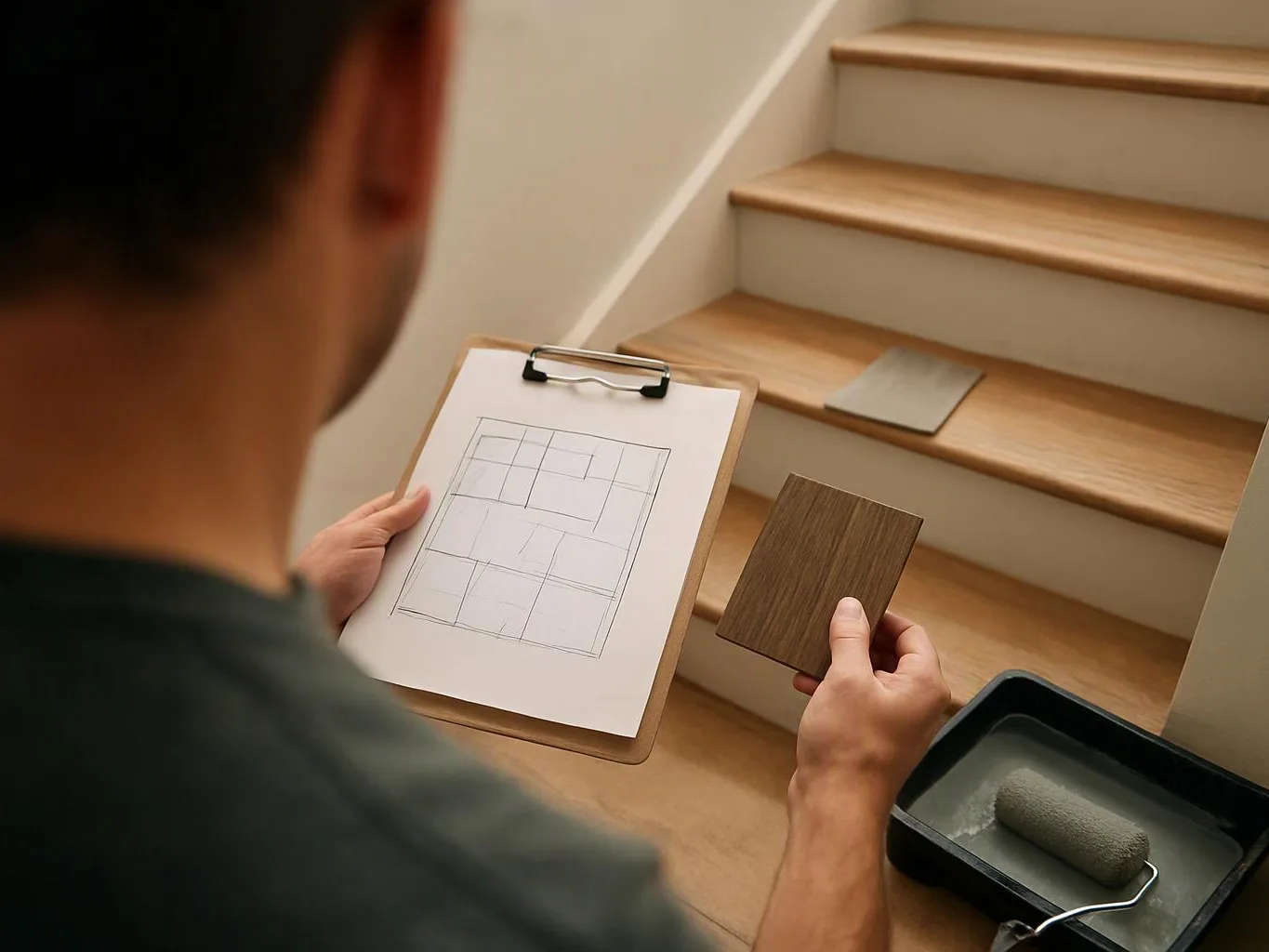 A person studies a stair tread sample and floor plan while sitting beside unfinished wooden stairs