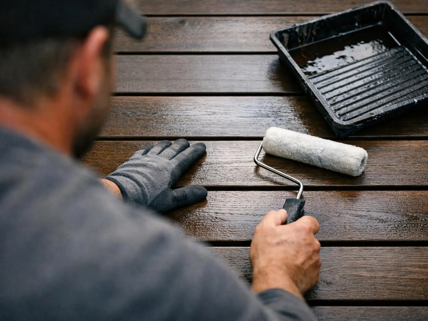 A person wearing gloves paints a wooden deck with a roller beside a paint tray