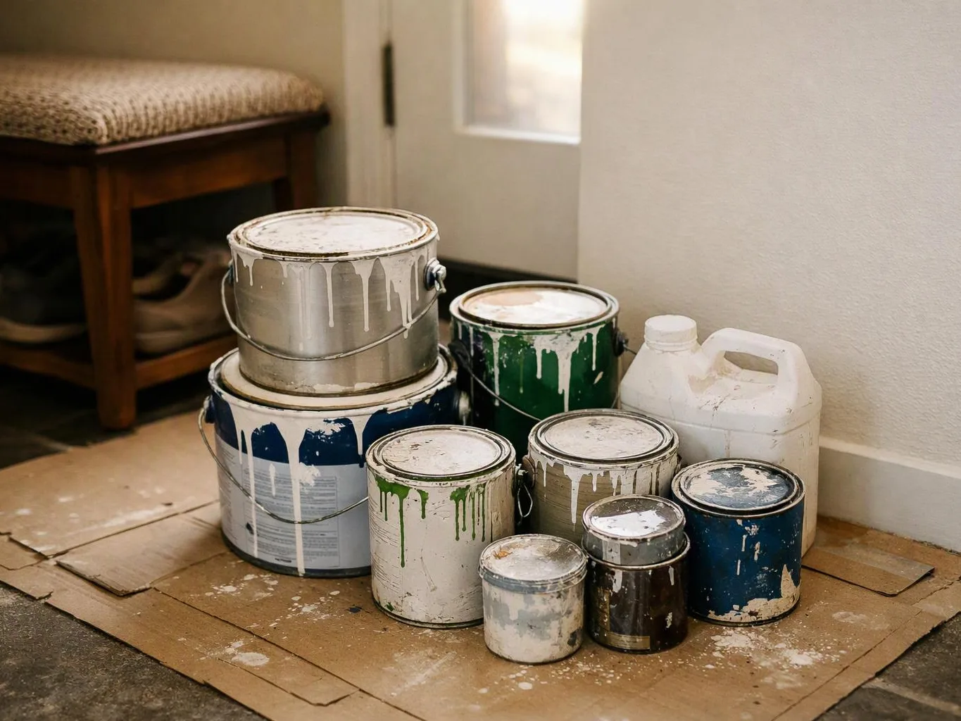Several paint cans and a plastic jug sit on cardboard in a hallway near a bench