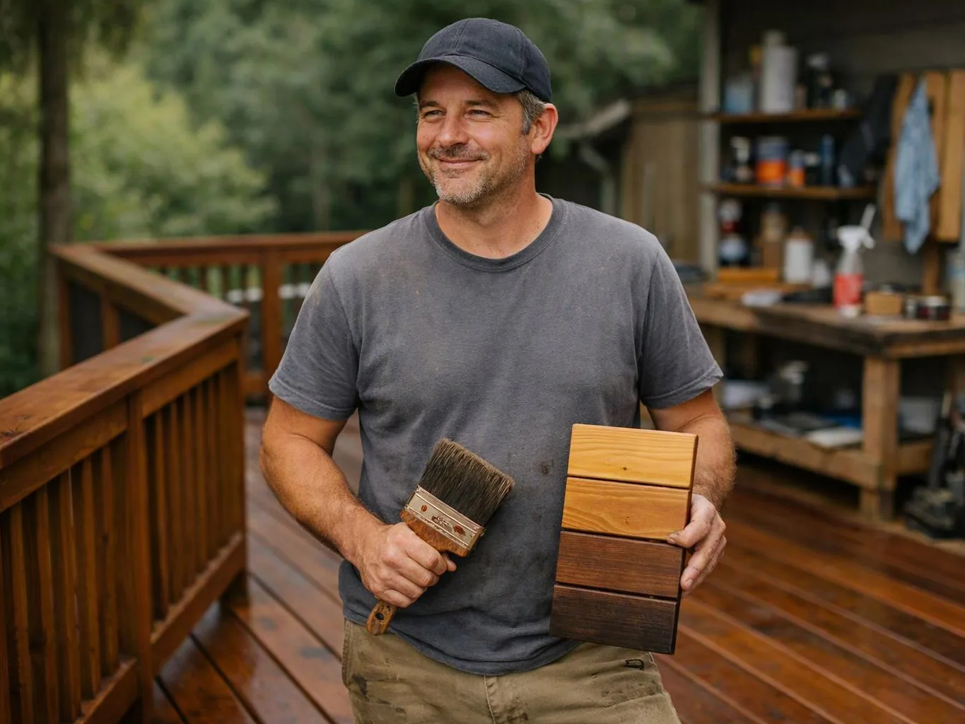 A smiling man in a cap holds a paintbrush and a stack of stained wood samples on a deck