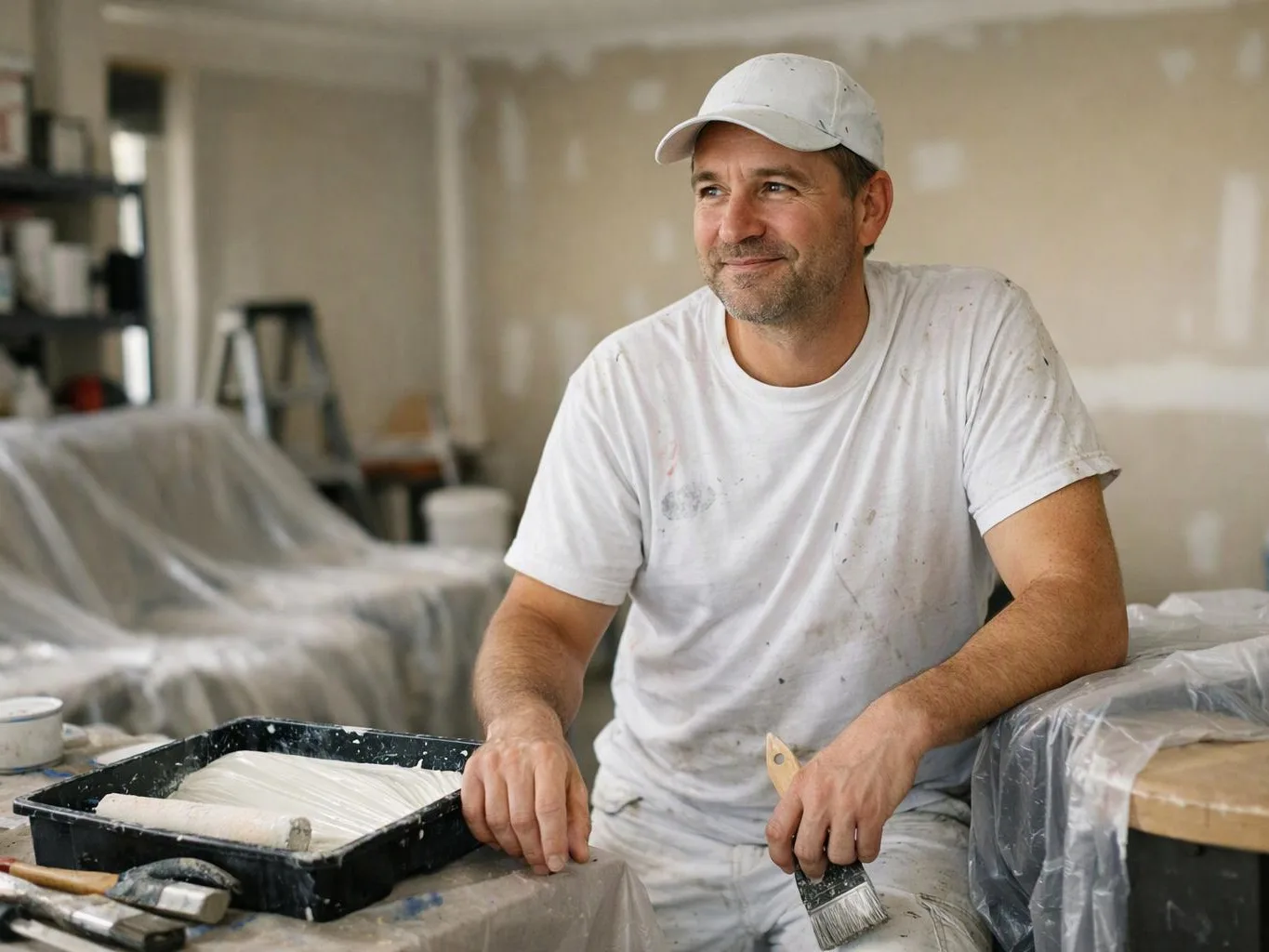A smiling man in paint-splattered clothes sits in a room with a roller tray and brush, surrounded by covered furniture