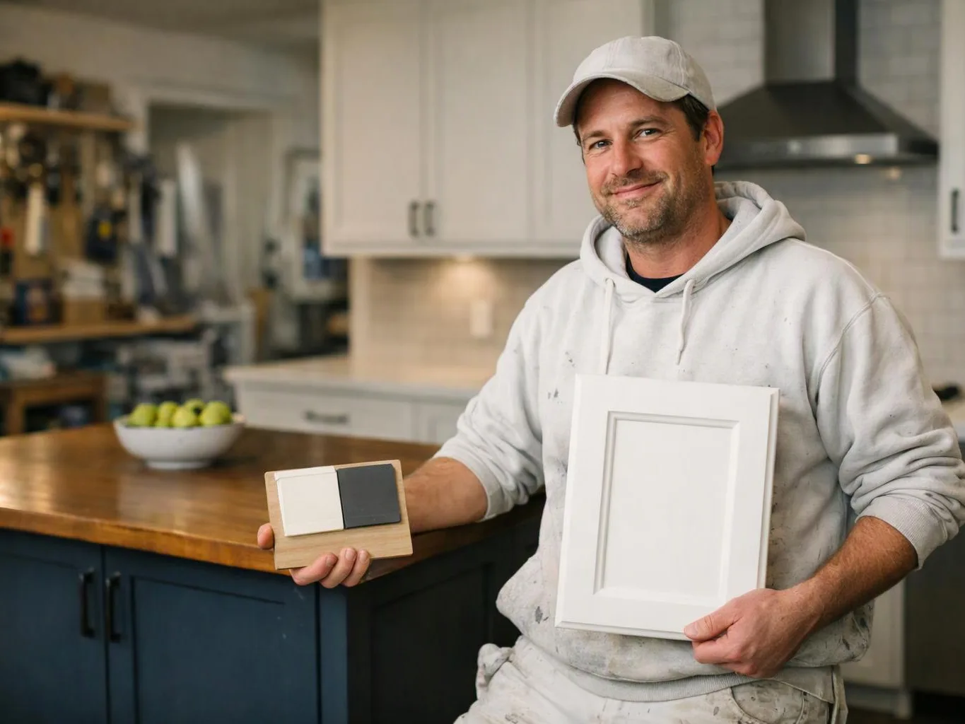 A smiling man in a paint-splattered hoodie holds cabinet door samples in a bright kitchen