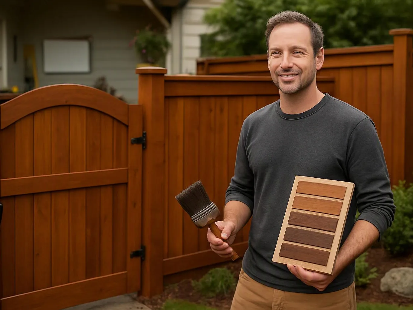 A smiling man stands by a wooden fence holding a paintbrush and a wood stain sample board outdoors