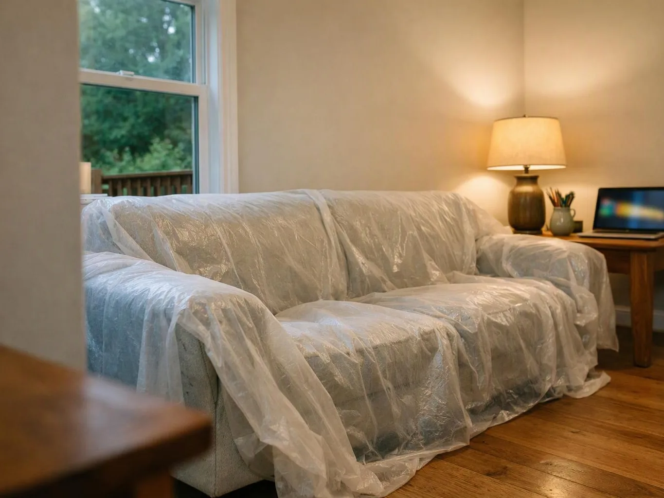 A sofa wrapped in plastic sits beside a lit lamp, laptop, and window in a quiet room