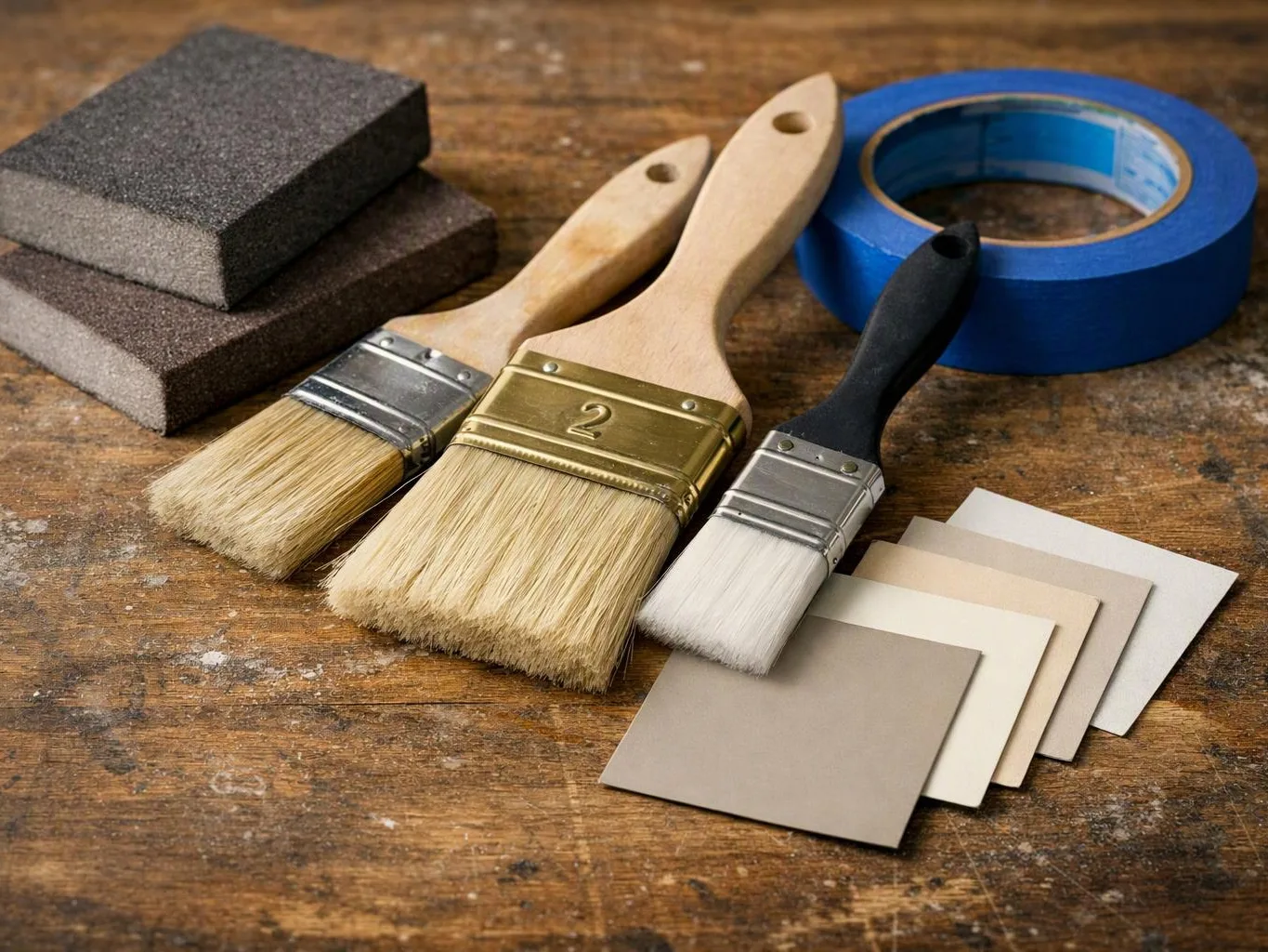 Three paintbrushes, sandpaper, blue tape, and color swatches rest on a worn wooden workbench