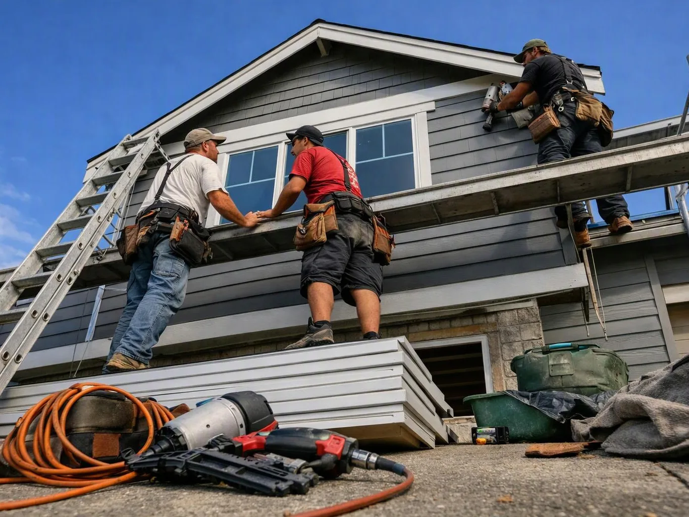 Three workers install siding on a gray house while standing on scaffolding and a ladder