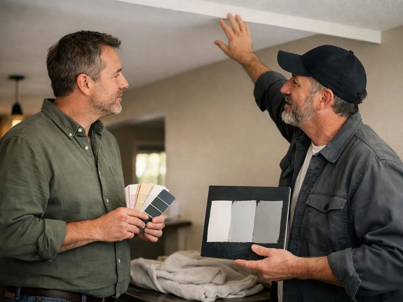 Two men discuss paint samples in a room, one holding color swatches and the other pointing at the ceiling