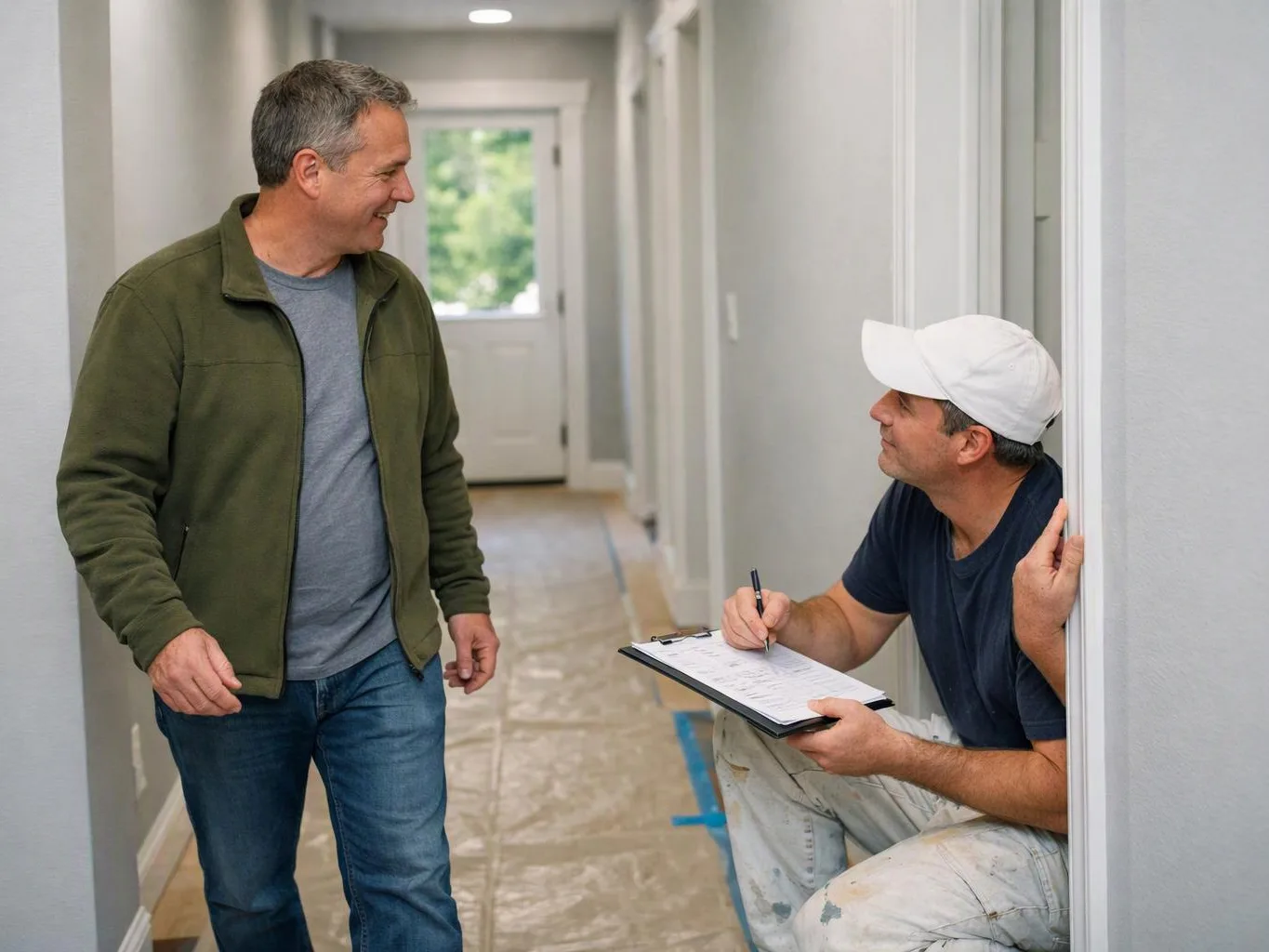 Two men talk in a hallway, one standing while the other sits on a doorway with a clipboard and pen