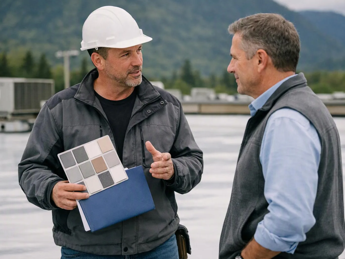 Two men talk outdoors, one in a hard hat holding color swatches and a blue folder near a rooftop with mountains behind them