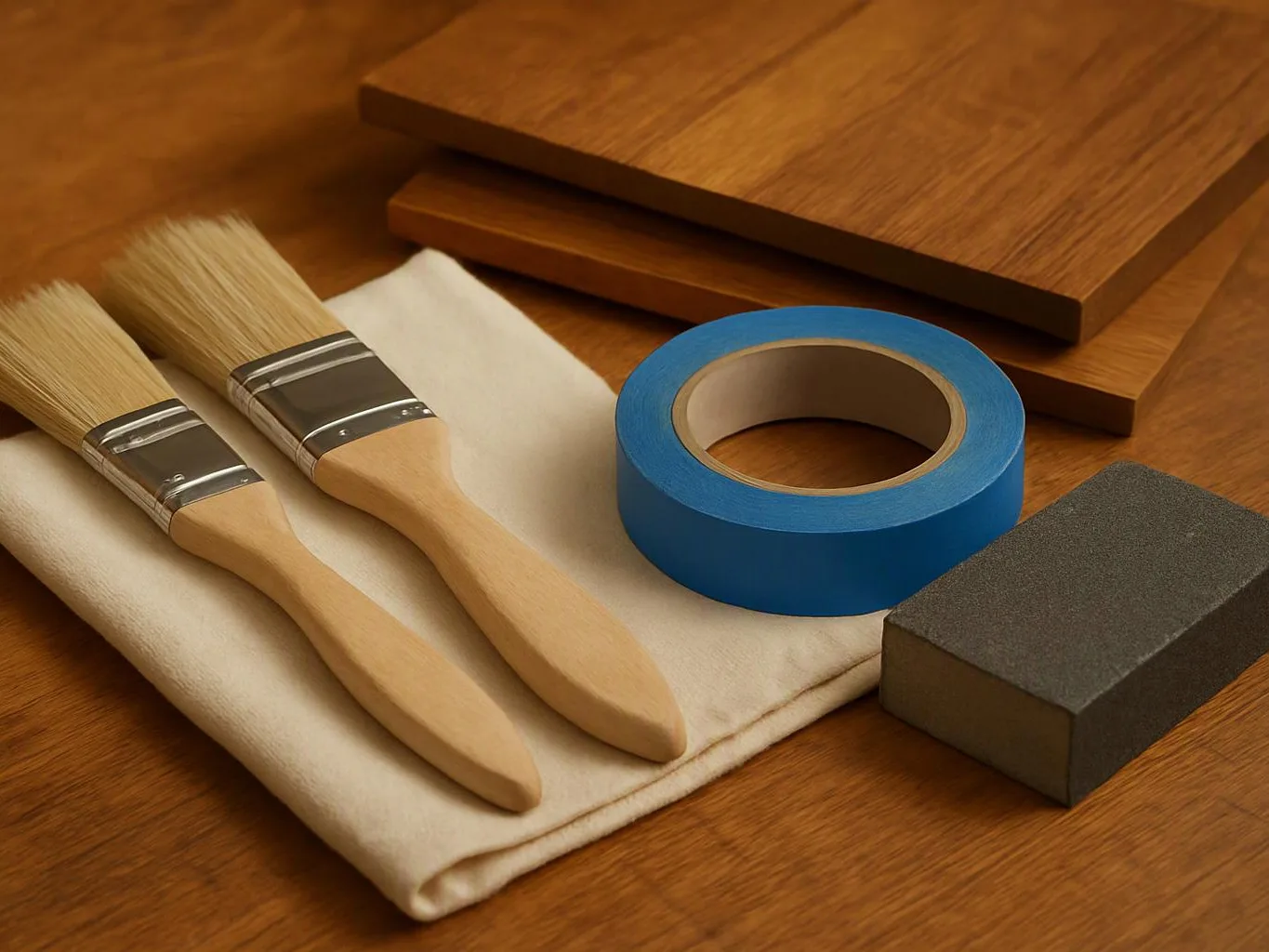 Two paintbrushes, blue tape, a sanding block, folded cloth, and wooden boards lie on a worktable
