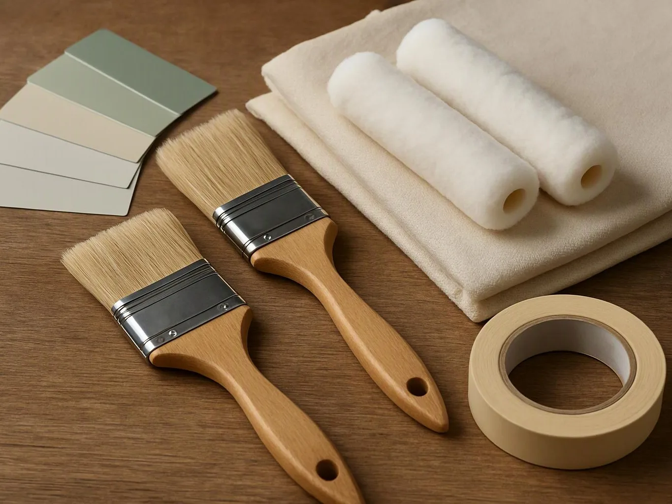 Two paintbrushes, color swatches, rolled cloths, and masking tape sit on a wooden table