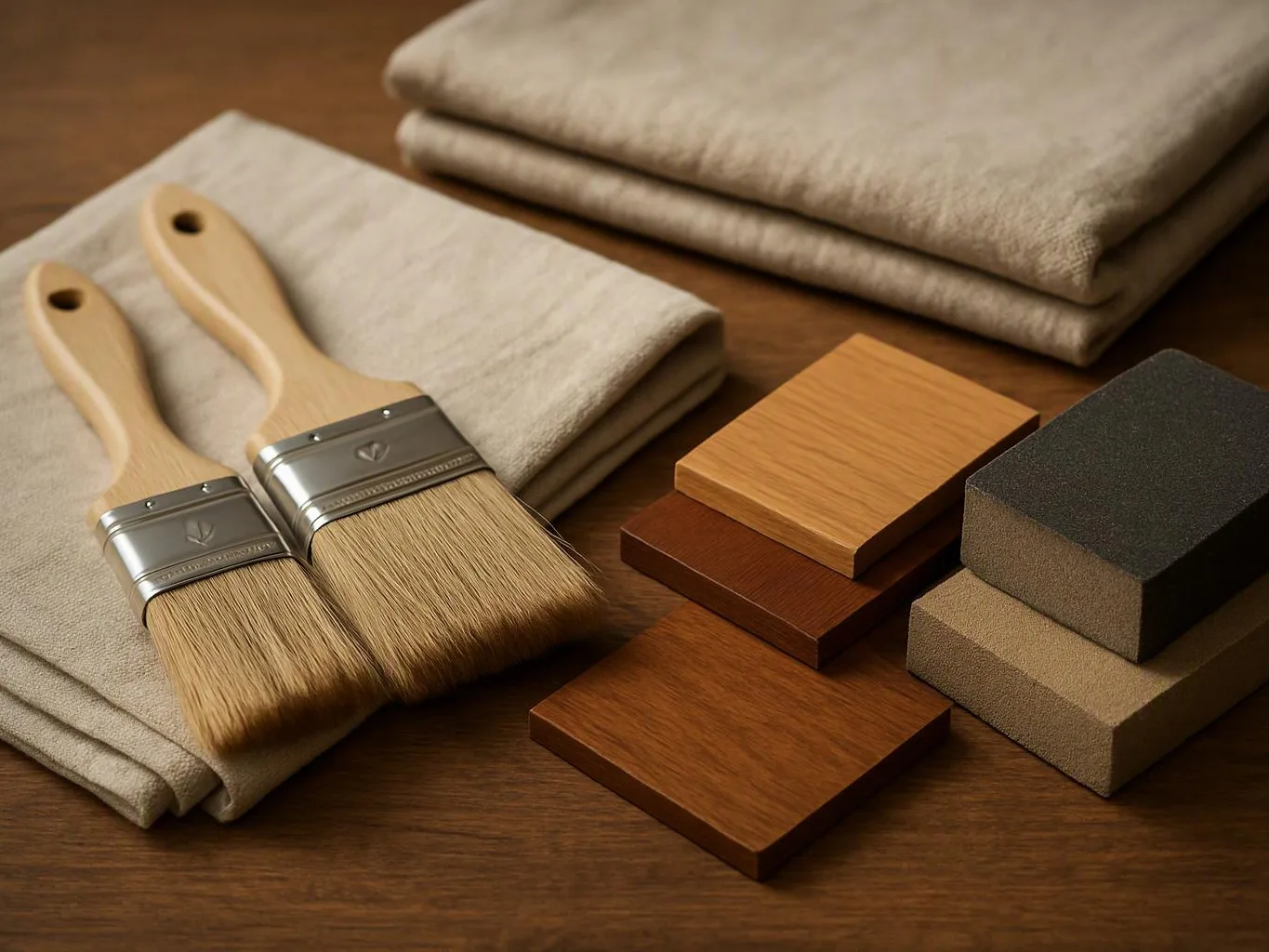 Two paintbrushes rest on folded beige cloth beside wood samples and sanding blocks on a wooden table