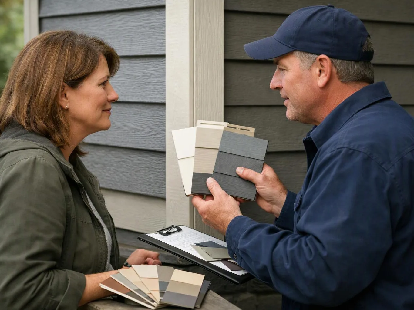 Two people compare paint and siding samples beside a house exterior