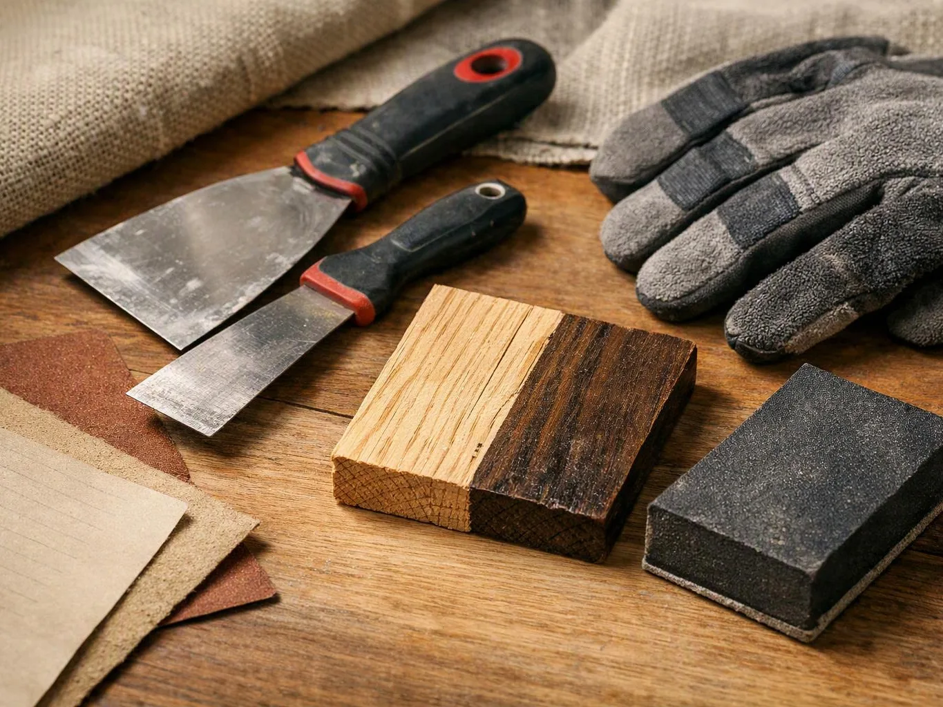 Two putty knives, sanding sheets, work gloves, and two wood samples rest on a wooden workbench