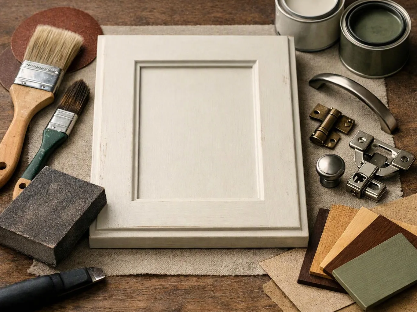 A white cabinet door sits among paint brushes, hinges, handles, sandpaper, and color swatches on a workbench